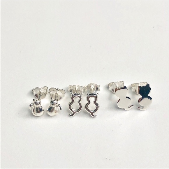 925 Sterling Silver Cat Earrings Set of 3 - Picture 5 of 8